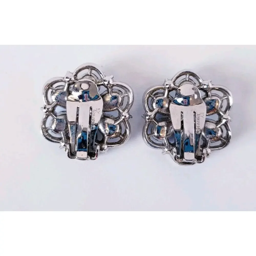 VTG Crown Trifari Aurora Borealis AB Rhinestone Silver Tone Flower Clip Earrings